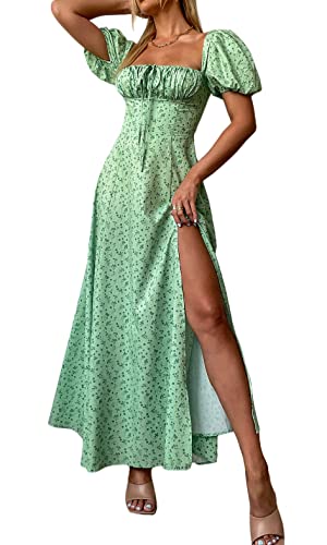 Women's Summer Puff Sleeve Floral Split Maxi Dress