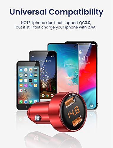 Fast Car Charger, AINOPE Dual QC3.0 Port 6A/36W USB Car Charger All Metal Cigarette Lighter USB Charger Voltage Display Compatible with iPhone 11/11 pro/XR/X/XS/8, Samsung Note 8/S9/S10+/S8 - Red