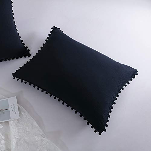 MOVE OVER Navy Blue Pom Poms Pillow Case, Navy Standard Pillowcases Set of 2, 100% Washed Microfiber, Dark Blue Ball Fringe Pillow Shams 2 Pack (Standard, Navy Blue)