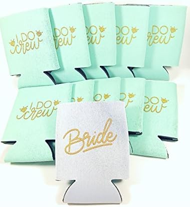 I DO CREW 11 Pack Drink Coozie Bachelorette Party Favors | Bundle of 10 Mint + 1 White Coozies with Glitter Gold Writing | Perfect for Bachelorette Parties / Wedding Showers
