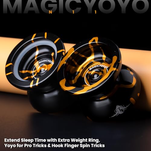 MAGICYOYO N11 Professional Unresponsive Yoyo N11 Dual Purpose Alloy Trick YoYo Ball (Black with Golden) with Bag, Glove, 12 Yoyo Strings and Responsive Bearing Kit