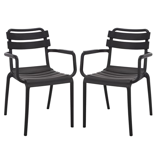 SAFAVIEH Outdoor Patio Furniture Collection – Sarah Black Stacking Dining Armch…