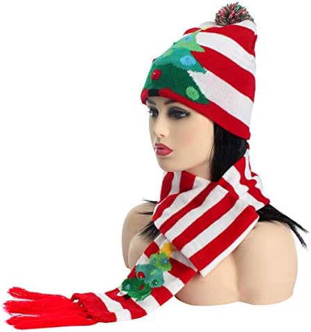 LED Light up Christmas Knit Winter Striped Scarves Beanie Hat Set Coloured Lighting Special Occasion Events Festive Scarves