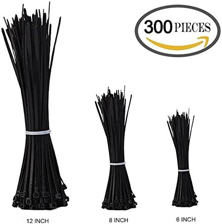 Nylon Cable Ties (Combo Pack) 300 Pieces 6 8 12 Inch Self Locking Zip Ties in Black ACEK Wire Organization for Home, Office, Garage, Workshop and Handcraft