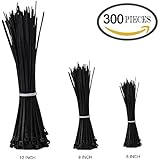Nylon Cable Ties (Combo Pack) 300 Pieces 6 8 12 Inch Self Locking Zip Ties in Black ACEK Wire Organization for Home, Office, Garage, Workshop and Handcraft
