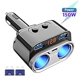 USB C Car Charger, Uniwood 2 Sockets Cigarette Lighter Splitter, 12/24V 150W Dual USB Type-C Ports Separate Switch LED Voltage for Mobile Cell Phone GPS Dash Cam