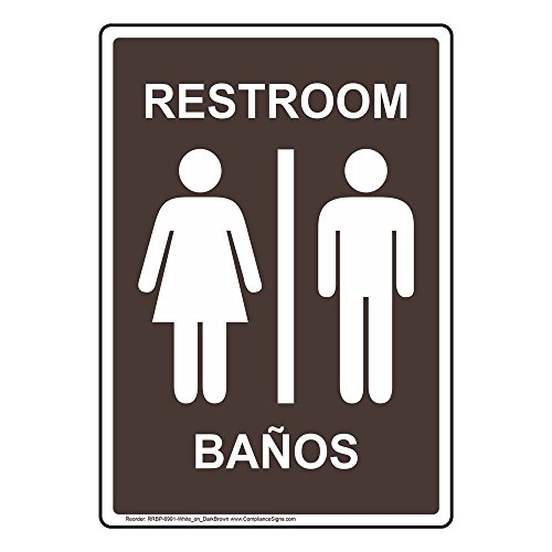 ComplianceSigns Vertical Plastic Restroom - Baos Sign, 10 X 7 in. with English + Spanish Text and Symbol, White on Dark Brown