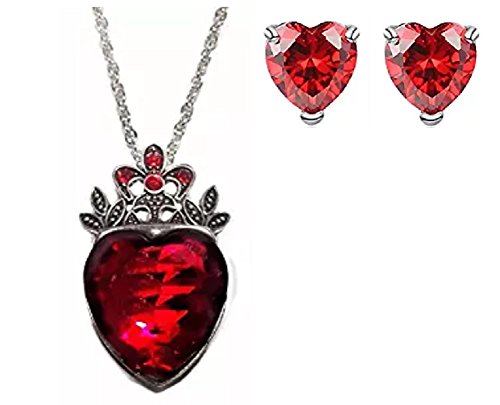 Disney Descendants Princess Evie Red Heart Crown Pendant Necklace W/ Earrings Set
