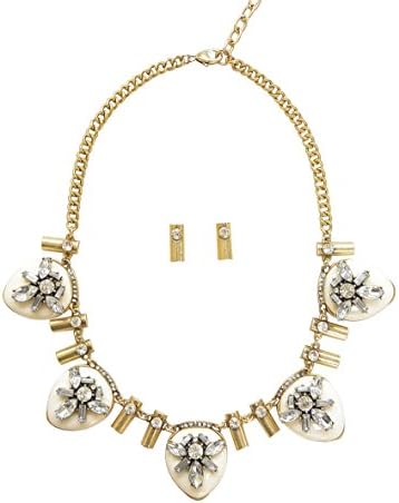 Unique 18" + 2" Extender Fashion Opaque Ivory Cream Resin with Clear Crystal Rhinestone Statement Bib Pendant Necklace & Earring Set