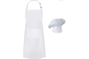 Hyzrz Chef Apron Hat Set, Chef Hat and Adult Kitchen Pocket Adjustable Apron with Butcher Hat Baker Costume for Men and Women Father's Gift (White)