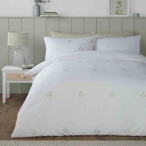 Serene - Leaf Embroidery Duvet Cover - Single Bedding Size (140 x 200cm) - 1 Pillowcase - Sustainable Recycled Polyester - White Bedding with Leaf - Floral Embroidered Duvet Cover - Green/White