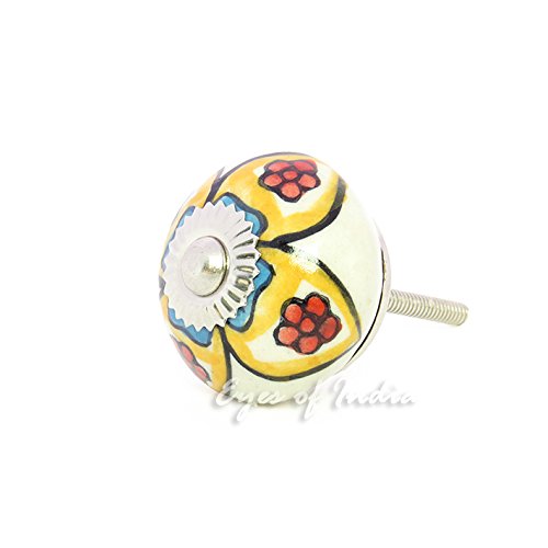 Eyes of India - Set of 2 Yellow Red Blue Ceramic Cabinet Door Dresser Cupboard Knobs Pulls Shabby Chic Decorative Colorful Boho Bohemian Accent Handmade
