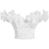 WDIRARA Women's 3D Floral Off Shoulder Crop Top Sleeveless Ruched Going Out Tops