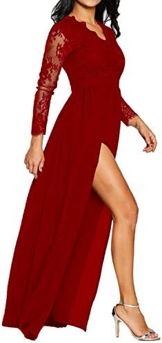 BYSBZD Women's Sexy Side Split Lace Long Sleeve V-Neck Maxi Party Prom Evening Dress
