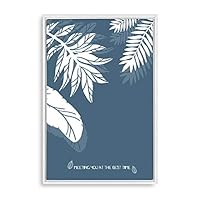 Framed Canvas Wall Art - White Leaf on Grayish-Blue Background - Canvas Prints Home Artwork Decoration for Living Room,Bedroom - 16x24 inches