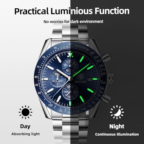 BENYAR by Men's Watch Chronograph Analogue Quartz Waterproof Date Large Dial Classic Fashion Business Watches Elegant Bracelet for Men