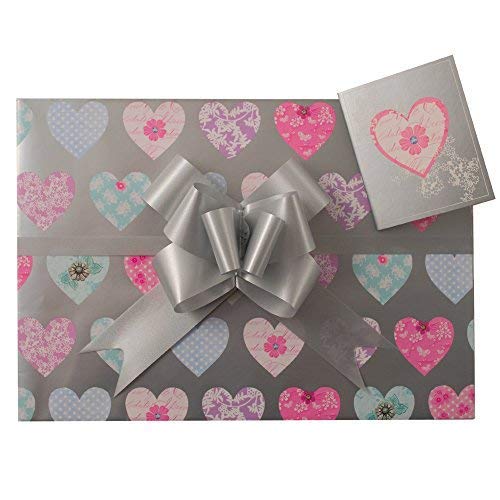 Hearts Silver Gift Wrap Pack 2 Sheets 2 Tags and 2 Pull Bows