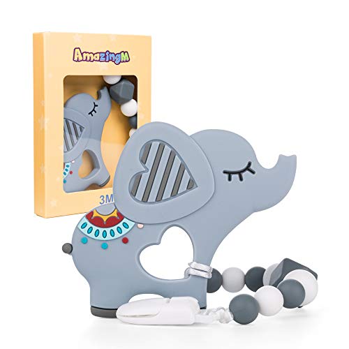 AmazingM Baby Teething Toys,Food Grade Silicone Elephant Teether Toy with Pacifier Clip Holder Set for Newborn Babies,BPA Free,Freezer Safe (Grey)