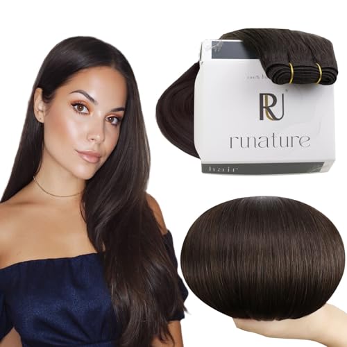 RUNATURE Brown Human Hair Straight Real Hair Bundles Straight Human Hair Weave 100g #2 Darkest Brown Natural Hair Extensions Curtain Hair Extensions Human Hair 22 Inch