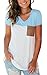 Summer V Neck T Shirt for Women Color Block Tee Top with Pocket Light Blue S