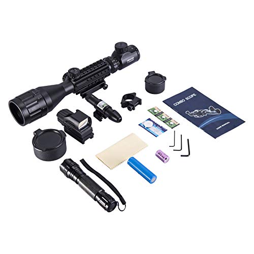 HIRAM 4-16x50 AO Rifle Scope Combo with Green Laser, Reflex Sight, and 5 Brightness Modes Flashlight