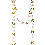 Ling's moment Paper Garland Butterfly Banner ( Gold Glitter+Mint+Coral ) for Wedding, Baby Shower, Birthday Decor & Butterfly Theme Decor, 10 Feet Long
