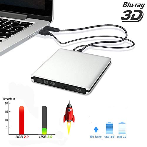 Blu Ray Drive External, Blu-ray Player USB 3.0 DVD CD RAM Burner Play 3D 4K Disk CD Re-Writer Ultra-Slim Portable Compatible for Notebook Mac Book OS Windows 7 8 10 PC (Sliver)