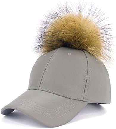 Women's Faux Leather Pom Pom Baseball Cap Adjustable Leather Hat (Gray）