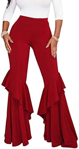 Feditch Women's Eye-catching High Waist Ruffle Bell Bottom Wide Leg Flare Pants Trousers