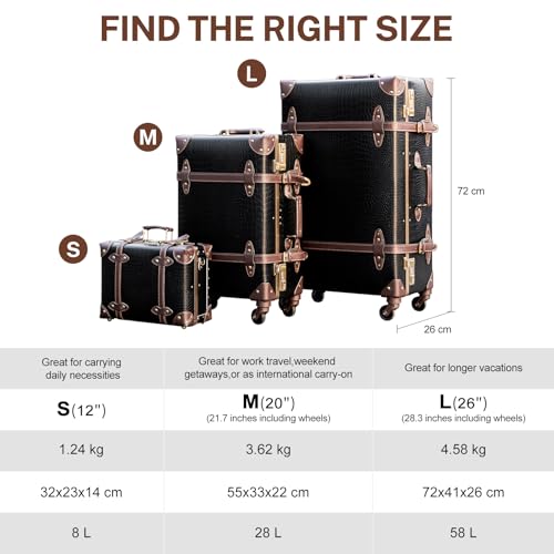 urecity Vintage Travel Suitcase Set with Digital Lock Luxury Cute Retro Cabin Luggage Sets 4 Wheels Suitcase (Black Crocodile Embossing, S(12")+L(26"))