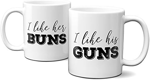I like her buns, I like his guns - (2) 11oz coffee cups - funny couples mug set - gift for wife, husband, girlfriend, boyfriend - engagement present - housewarming gift - microwave and dishwasher safe