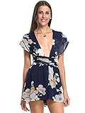 Choies Women's Chiffon Deep V Neck Floral Back Cross Tie Waist Playsuit M
