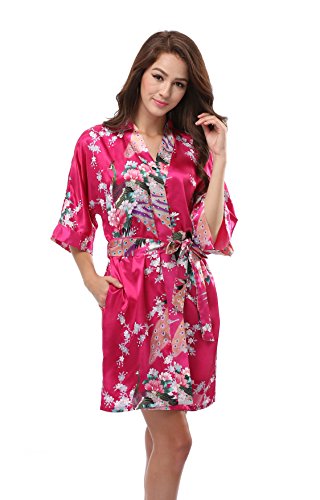 Luvrobes Women's Satin Kimono Robe, Peacock Design, Short (L, Fuchsia)