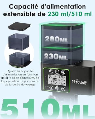Petbank Fish Food Dispenser 230/510mL, Automatic Fish Dispenser with Timer, USB Rechargeable Aquarium Food Dispensers, LCD Display - Aquarium Food Dispensers