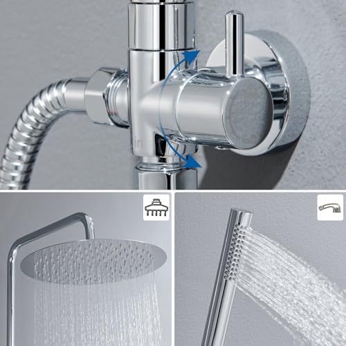 Auralum Columna Ducha sin Grifo, Set de Ducha con Cabezal de Ducha Lluvia 25×25 cm Acero Inoxidable, Alcachofa, Barra de Ducha Altura Regulable 68-108cm,válvula desviadora de Latón, Cromo