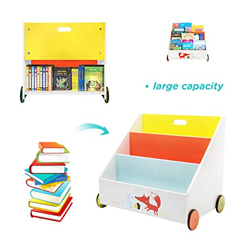 Hessie Little Toddler Kids Portable Wooden Bookcase/Bookshelf on Wheels, Book Storage/Shelf