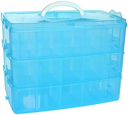 DJUNXYAN 3-Tier 30 Sections Transparent Stackable Adjustable Compartment Slot Plastic Craft Storage Box Organizer For Toy Desktop Jewelry Accessory Drawer Or Kitchen 4 Colors 3 Sizes(Extra Large Blue)