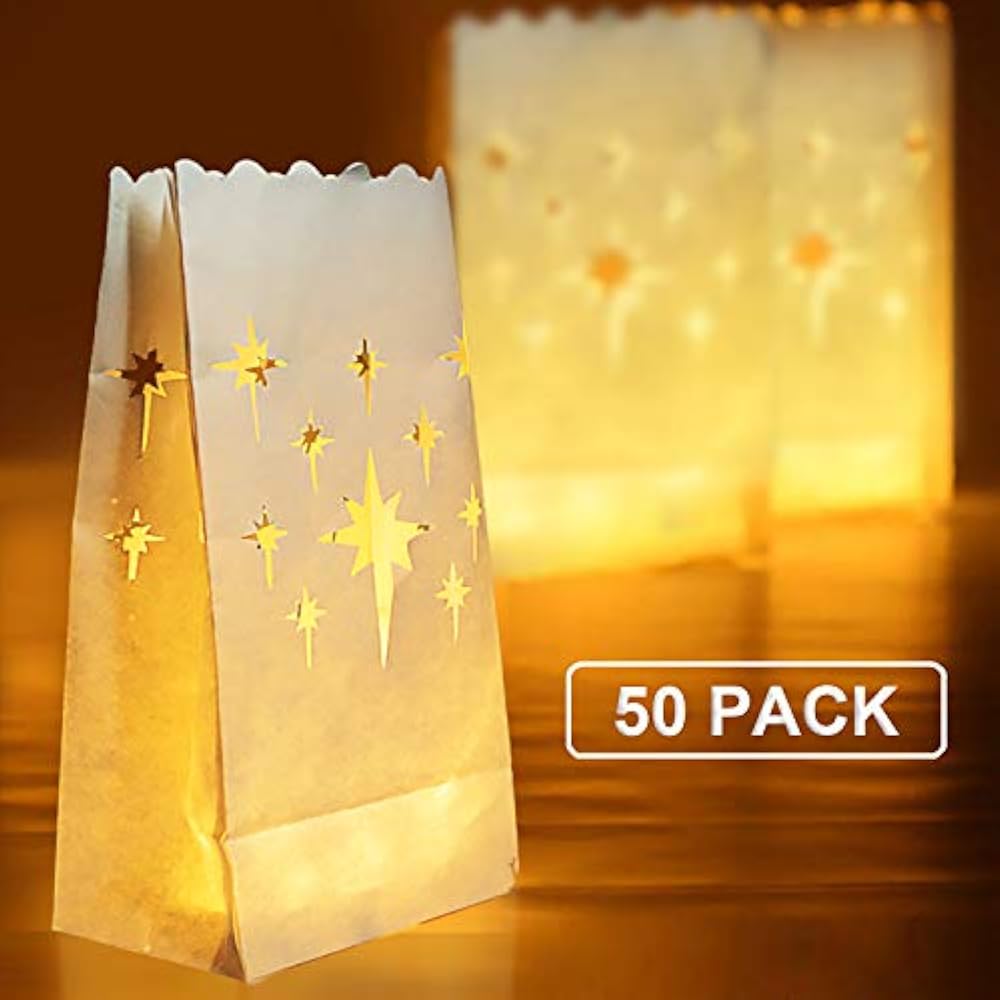 50 PCS White Luminary Bags, Flame Resistant Candle Stars Design
