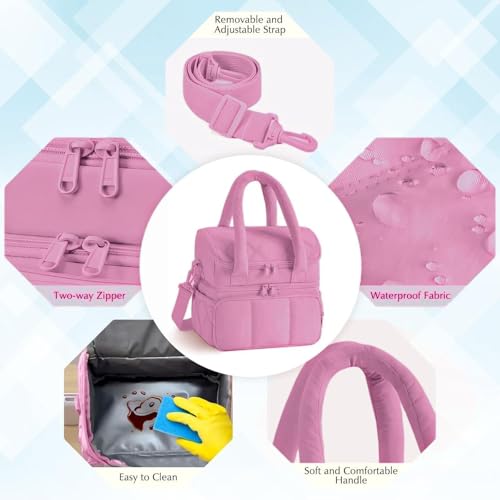 Insulated Lunch Bag for Men Women Kids, Large Reusable Double Layer Lunchbox Cooler Bag with Adjustable Strap, Leakproof Thermal Food Storage Tote for Work, School, Picnic, Travel - Pink