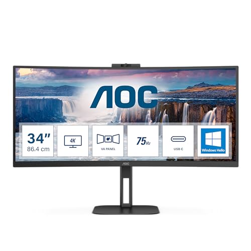 AOC CU34V5CW/BK 34 zoll Curved, UW-QHD USB Hub Monitor, 100Hz, VA Panel, 4ms GtG, , Webcam, FreeSync, Hoehenverstellung,Lautsprecher,(3440x1440 HDMI 1x 2.0 DP 1x 1.2)Schwarz