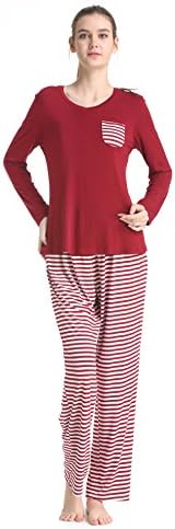 Saifeier Womens 2 Piece Long Christmas Pajamas Set With Striped Pants(Wine Red,XL)