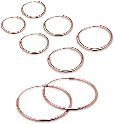 Sterling Silver Endless Hoops 1.2mm x 10mm 12mm 14mm 24mm 4 Pairs Earring Set Rose Gold Flashed