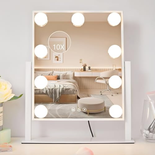 Beauenty Vanity Mirror with Lights, Lighted Makeup Mirror with 9 LED Bulbs and Detachable 10X Magnification,360° Rotation Makeup Mirror, Adjustable Brightness and 3 Color Modes