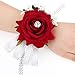 FAYBOX Velvet Open Rose Silvery Bling Ribbon Rhinestone Stretch Bracelet Wedding Prom Wrist Corsage Hand Flower Pack of 4 Red