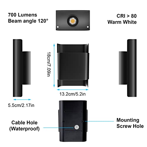 Klighten 2 x LED Wall Light 12W Outdoor Indoor IP65 Up Down Modern Aluminium Wall Lamp for Entrance Hallway Garden Hallway Warm White 3000K 700 Lumen Black