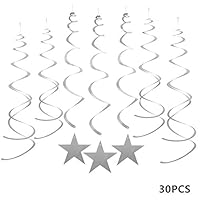 MOWO Silver Star Hanging Swirl Decorations for Ceiling, Silver Streamers, Pack of 30