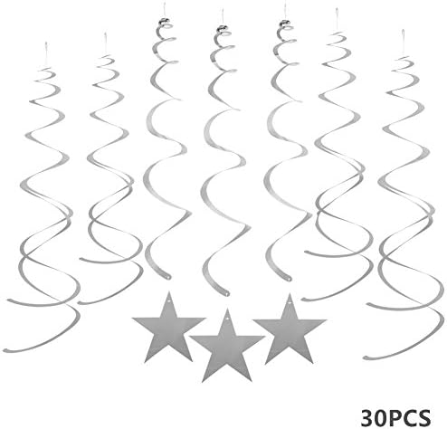 MOWO Silver Star Hanging Swirl Decorations for Ceiling, Silver Streamers, Pack of 30