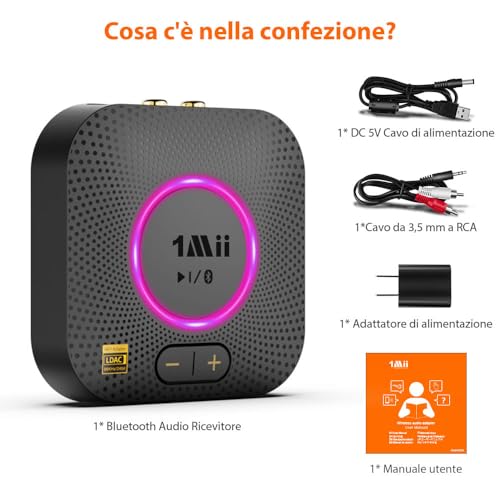 1Mii B06S+ Ricevitore Bluetooth 5.3 HiFi, Hi-Res LDAC Adattatore Audio Bluetooth con Jack AUX 3.5mm e RCA, aptX Bassa Latenza, 30m Lungo Raggio Ricevitore con Controllo Volume per Home Audio/PC