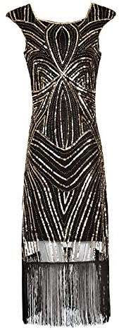 HKD Fringe Dress Sequin Evening Dress Short Dress Gatsby Party Dress Sleeveless Long Section (Color : Black gold, Size : S)