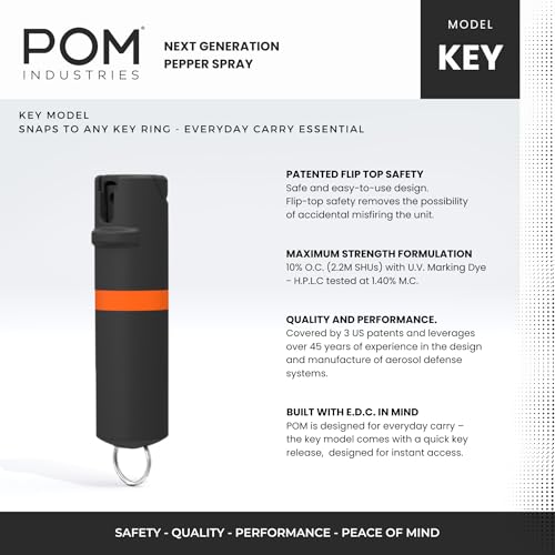 POM Premium Pepper Spray Keychain, Quick Release Access Flip Top Safety, Police Grade OC Formula with UV Marking Dye, 25 Precision Bursts, 10 Foot Effective Range, Made in USA